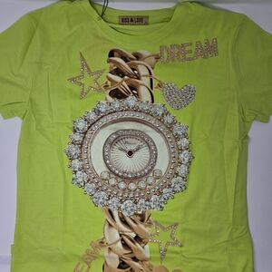 Kiss & Love Neon Green Graphic T-Shirt With Rhinestones One Size